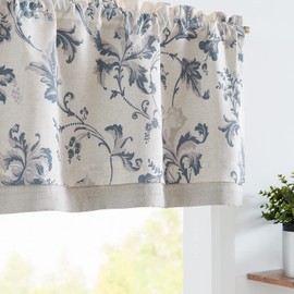 jinchan Linen Valance Curtain Farmhouse Window Decor Floral Print for Kitchen Living Room Double Layer Blackout Valance 16 Inches Rustic Window Treatment 1 Panel Rod Pocket Blue on Beige