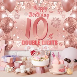 Rose Gold Pink 10th Birthday Decorations for Girls Double Digits Happy 10th Birthday Banner Backdrop Large 10 Ten Years Old Birthday Photography Background Party Supplies, 71" X 43"