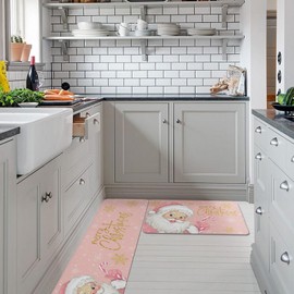 Hokiten Pink Santa Christmas Kitchen Rugs and Mats 2 Pieces Set, Pink Xmas Golden White Snowflake Bathroom Rug Non Slip Floor Mat for Laundry Room, Merry Christmas Anti-Fatigue Comfort Mat for Kitchen