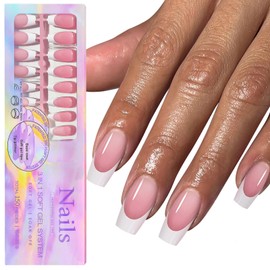 150Pcs White French Tip Press on Nails Medium Coffin Fake Nails In15 Sizes 3 IN 1 Soft Gel Nail Tips Pink Glossy Reusable Acrylic Nails No Need to File False Nails for Women Girls Manicure