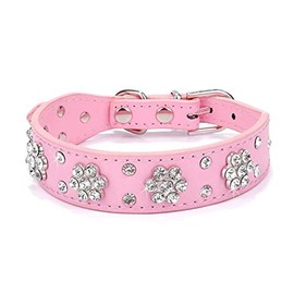 Haoyueer Rhinestone Dog Collar, Cute Flower Rhinestone Cat Dog Collar Bling Collar PU Leather Collar Adjustable Sizes Small Medium Large(Pink,L)