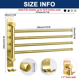 NearMoon Swivel Towel Rack, 13.8" Thicken 304 Stainless Steel 4-Arm Towel Bar, Space Saving Wall Mounted Towel Holder with Hook, Rustproof Swing Out Towel Hanger for Bathroom, Kitchen (Brushed Gold)