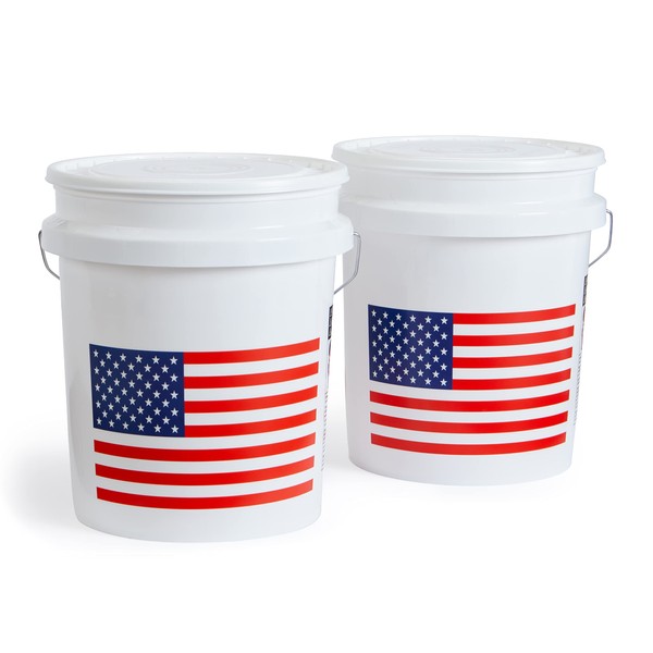 United Solutions 5 Gallon Bucket, Heavy Duty Plastic Bucket, Comfortable Handle, Perfect for on The Job, Home Improvement, or Household Cleaning, White with USA Flag, Pack of 2 (PN0202)