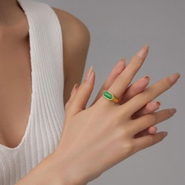 MYNENEY Stainless Steel Gold/Silver Square Shape Signet Mens Pinky Ring Statement Cute wedding Blue/Brown/Green Stone Rings Modern Gift for Women Men (Green stone-Gold, 7)