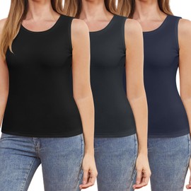 Silicherry 3 Pcs Womens Thermal Tank Tops Fleece Cami Underwear Tops Soft Sleeveless Undershirt Warm Base Layer Vest(Black, Dark Gray, Navy Blue,L)