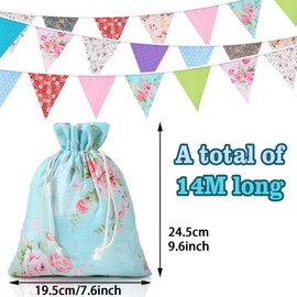 Orifinter 45.9ft Fabric Bunting, 46 Flags Vintage Bunting Banner + Drawstring Bag, Bunting Flags, Festival Bunting, Reusable Floral Bunting for Afternoon Tea, Birthday, Garden Party