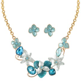 Mycitta Vintage Statement Jewelry Set Women Light Blue Flower Floral Bohemian Boho Statement Necklace Earring Set Crystal Fashion Costume Jewelry Unique Gift