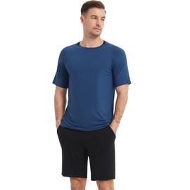 NACHILA Men's Pajamas-Viscose Made from Bamboo,Cooling Sleepwear Short Sleeve Pjs Top and Shorts Pajama Sets with Pockets Dark blue M