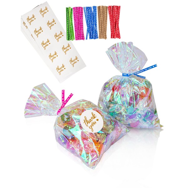 Cherodada Cellophane Treat Bags, 6x9 Inch Iridescent Cellophane Bags with Thank You Stickers and Twist Ties, Celebrations Baby Showers Weddings Birthday Party Gift Wrapping(Pack of 100)