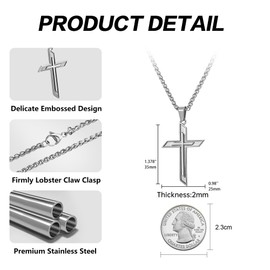 murtoo Cross Necklace for Men, 22"Stainless Steel Embossed Cross Pendant Necklace with Wheat Chain, Cross Necklace Men