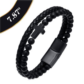 Mens Cross Bead Braided Genuine Leather Bracelet, Black Gemstone Agate Onyx Beaded Rosary Obsidian Bangle, Faith Religious Easter Catholic Christian Communion Baptism Christmas Jewelry Gift for Men