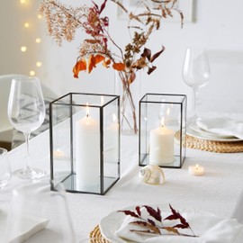 QL HURRICANE CANDLE HOLDERS , Set of 2PCS Large Glass Candle Holder, Transparent Tempered Glass Hurricane Candle Holder with 2 Size (Glossy Black Finshed Border)