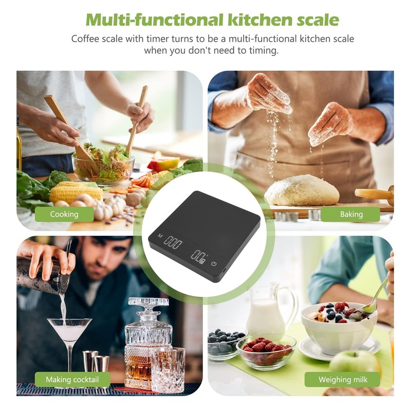 Digital Coffee Scale with Timer USB Rechargeable 0.1g High Accuracy