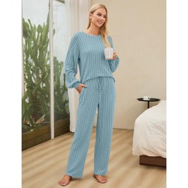 Blooming Jelly Womens Cute Pajama Sets 2 Piece Lounge Set Long Sleeve Ribbed Fleece Fall Loungewear Pockets (S, Light Blue)
