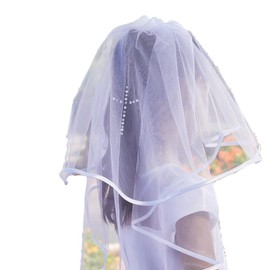 White First Communion Veil with Rhinestone and White Bead Cross, 54 Inch