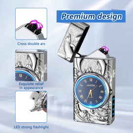 TIKIUKI Gifts for Him Electric Lighters USB Type C Rechargeable Electronic Lighter Windproof Plasma Lighter with Safety Switch,Gifts for Men (Silver)