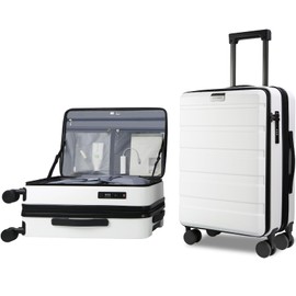 KROSER Expandable Top Opening Carry On Luggage with Spinner Wheels & Built-in TSA Lock, Hard Shell Suitcase Durable Rolling Luggage with USB Port, Carry-On 20-Inch, White