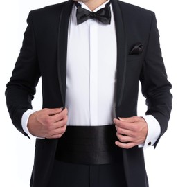 NV HOLDERS: Men's Premium 100% Silk Cummerbund, Bow Tie, Handkerchief - Black Tuxedo set (Black)