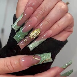RUOKEXIN Long Square Press on Nails French Tip Fake Nails Green False Nails with 3D Gold Charms Designs Green Smudge Glue on Nails Long Nail Press ons Cute Stick on Nails for Women 24Pcs