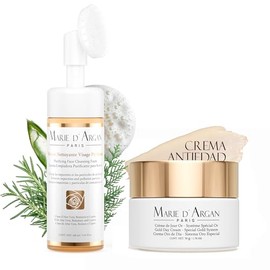 MARIE D'ARGAN Kit Crema Facial Oro de 24K de Día de 50 g y Espuma Limpiadora Facial Profunda De 160 ml, Antiarrugas, Hidratante, Péptidos, Escualeno, 