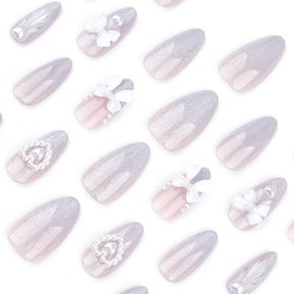 Bow Press on Nails Medium Almond Fake Nails with Designs 3D Heart False Nails Silver Glitter Full Cover Acrylic Nails Pearls Shell Glue on Nails Artificial Stick on Nails for Women Manicure 24 Pcs