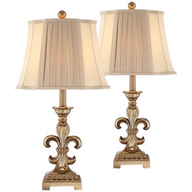 Regency Hill Louis Traditional French Fleur-de-Lis Table Lamps 25.75" High Set of 2 Antique Gold Ivory White Pleated Bell Shade Decor for Living Room Bedroom House Bedside Nightstand Home
