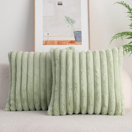 Urban Funk Collective - Pack of 2 Double-Sided Faux Rabbit Fur Plush Decorative Throw Pillow Covers 18x18'' (45x45cm) Super Soft Cozy Fluffy Striped Pillowcase Cushion Covers (Sage Green)