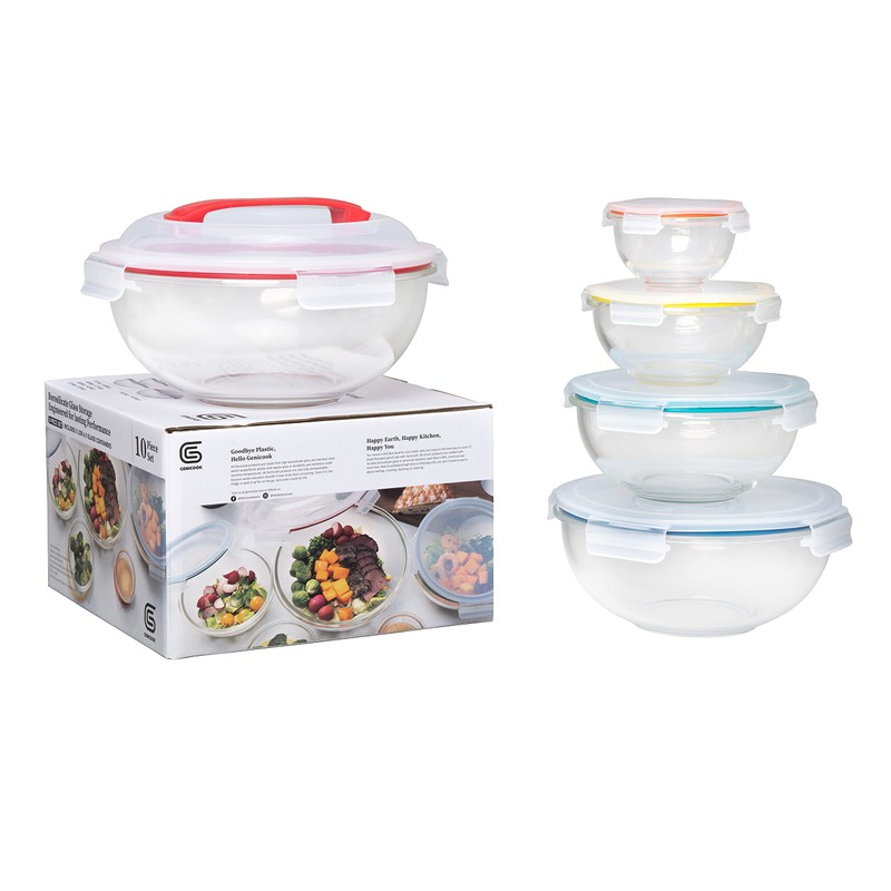 GENICOOK Nesting Glass Salad/Mixing Bowl Set With Lock Down Lids