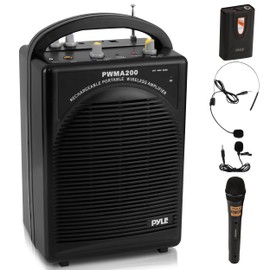 Pyle Portable PA Speaker & Microphone System - FM Stereo Radio, Built-in Rechargeable Battery, Aux & Microphone Inputs, Includes Beltpack, Hand-held Headset & Lavalier Mics - Black