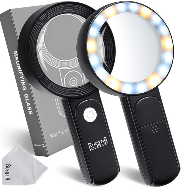 BUSATIA Magnifying Glass 30X, 18LED Handheld Magnifying Glass with Light, 4in Large Glass Magnifier with 3 Modes, Illuminated Magnifying Glass for Reading, Hobbies - with a Lens Cloth (Black)