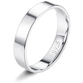 MILACOLATO S925 Sterling Silver Rings for Women Men 18K White Gold Plated Stackable Statement Thin Plain Thumb Ring High Polished Wedding Band Ring Comfort Fit Size 7, 4mm