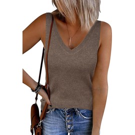 Arach&Cloz 2025 Women's Wool Blend Tank Tops Spring Summer Sleeveless V Neck Ribbed Knit Soft Cashmere Sweater Basic Blouse Fashion Shirts Business Casual Outfits Trendy Dressy Coffee M