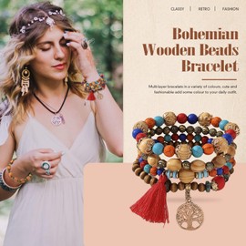 Sternstunde Pack of 4 Boho Bracelets Women, Chakra Bracelet for Women, Jewellery Boho Bangles with Wooden Beads and Tassel, Chakra Bracelet, Tree of Life Charm, Love, Statement Bangles, High-quality