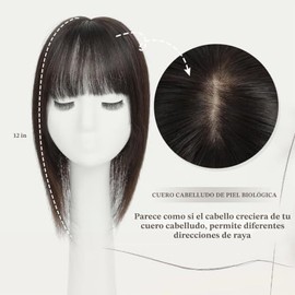 Aimeolyn Toppers para el cabello para mujer, cabello humano real, de 12 pulgadas, con flequillo, cuero cabelludo natural, cobertura de base grande, ad