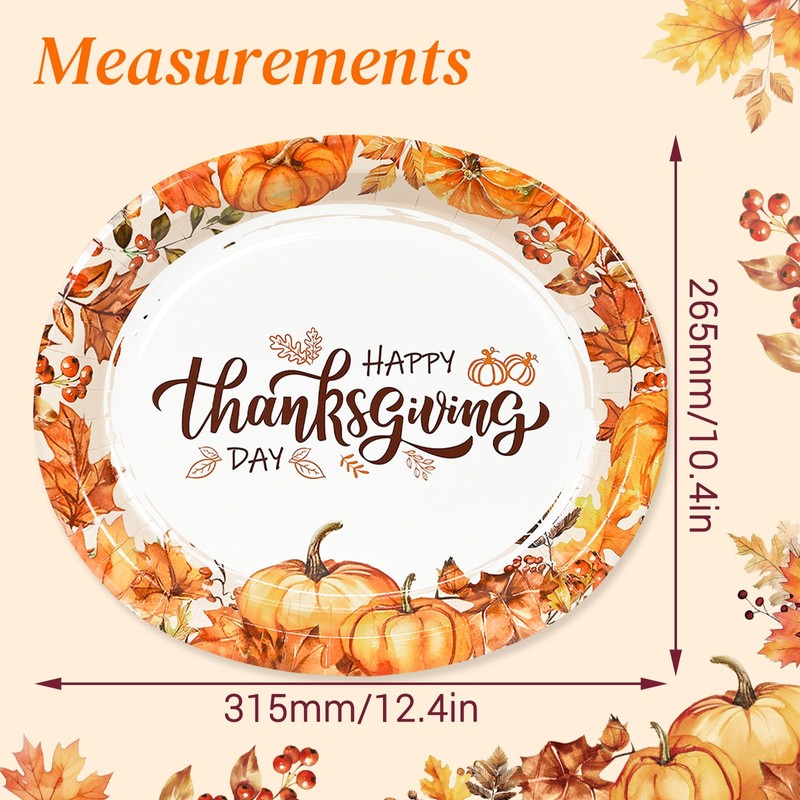 LIKAJON 50 Pcs Oval Thanksgiving Paper Plates, 12 x 10