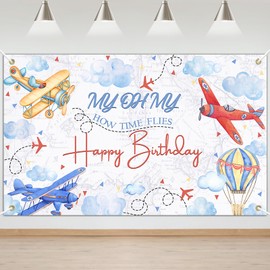 Mocsicka Airplane Birthday Backdrop Red and Blue How Time Flies Airplane Birthday Background Party Decorations Photo Booth Props (6x3.6ft)