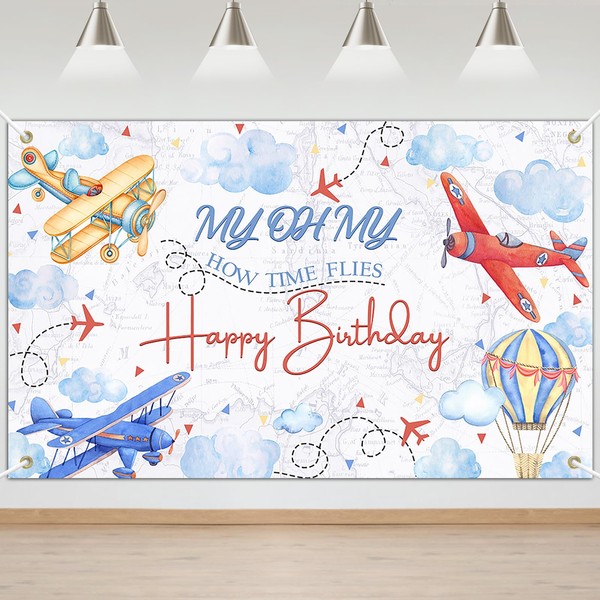 Mocsicka Airplane Birthday Backdrop Red and Blue How Time Flies