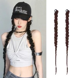 XUZOO Long Braid Extensions Poni Wig, Dance, Recitals, Hair Extension, Braid Wig, 8 Abando Type, Twin Wig Point Wig, Hair Extension, Hair Accessory, Easy to Install, Set of 2 (Black)