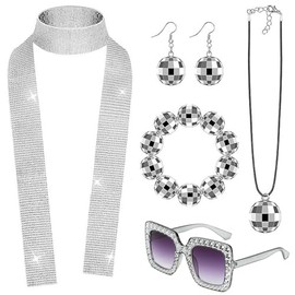 QYCX 5 Pcs 70s Women Disco Accessories Disco Costume Disco Outfits Disco Party Decorations Disco Accessories Disco Earrings Necklace Sunglasses Disco Ball Bracelet for 60s 70s 80s 90s Women's Disco Costume