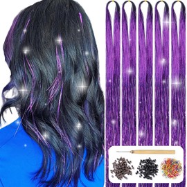 AIFIHIYI Hair Tinsel Kit with Tools Tinsel Hair Extensions Fairy Hair Tinsel Heat Resistant, Sparkling Shinny Glitter Hair Extensions Purple Tensile Hair Accessories for Women Girls Kids (Purple)