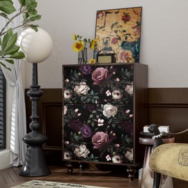 Fvlow Dark Floral Wallpaper Peel and Stick Vintage Pink Rose Contact Paper Black Floral Wallpaper Waterproof Self-Adhesive Wall Covering for Bedroom Countertop Desk Cabinet 17.4" x 118"