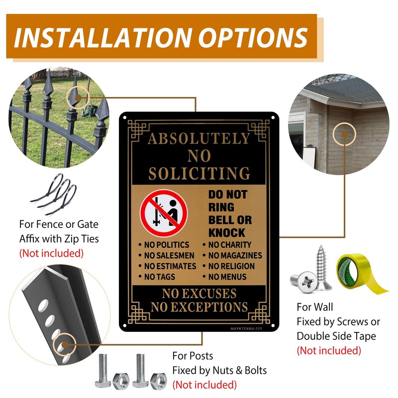 AUYKTE Absolutely No Soliciting Sign 2 Pack, No Excuses, No