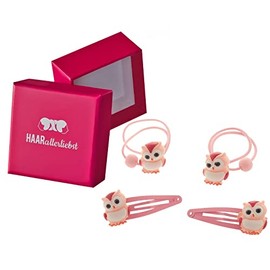 HAARallerliebst Hair Accessories Set (4 Pieces | Owls | Pink) for Girls with Storage Box (Box Colour: Pink)