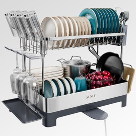 SUNLY Large Dish Drying Rack, Multipurpose 2 Tier Dish Drainer, Dish Racks for Kitchen Counter, 304 Stainless Steel Kitchen Drying Rack, Extra Large Dish Rack with Rotatable & Extendable Spout, Gray
