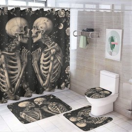 TOWINSFB 4Pcs Gothic Skeleton Love Shower Curtain, Night Star Floral Skull Shower Curtain Sets with Toilet Lid Cover, U-Shaped Mat and Non-Slip Rugs, Bathroom Decor Set, 72" x 72"