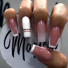 SINHOT Medium Coffin Press on Nails Ballerina Fake Nails Glossy Glue on Nails Gold Line Acrylic Nail with White Gradient False Nails Designs 24 pcs