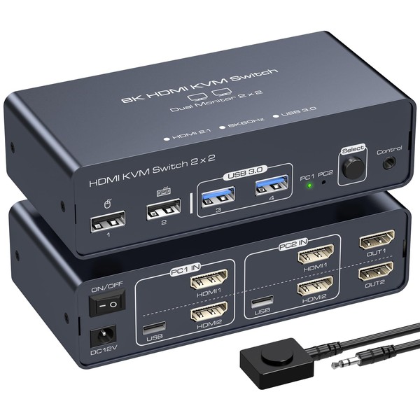 VEDINDUST KVM Switch 2 Monitors 2 Computers 8K60HZ 4K120HZ Dual