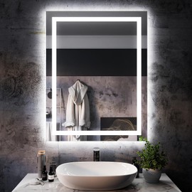 ISKM 28''x36'' LED Lighted Bathroom Mirror Wall Mounted Backlit and Front Anti-Fog Dimmable Lights Makeup Mirror with 3 Colors Light Memory Function Mirror Tempered Glass Shatter-Proof