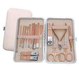 Manicure Set - Luxurious Leather Travel Case with Complete Stainless Steel Nail Clippers and Care Tools - Portable 18-Piece Nail Kit (Pink)