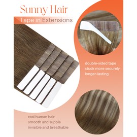 Sunny Hair Tape in Hair Extensions Real Human Hair Invisible Remy Hair Extensions Tape ins for Women Medium Brown Ombre PLatinum Blonde Balayage 18 inch 25G